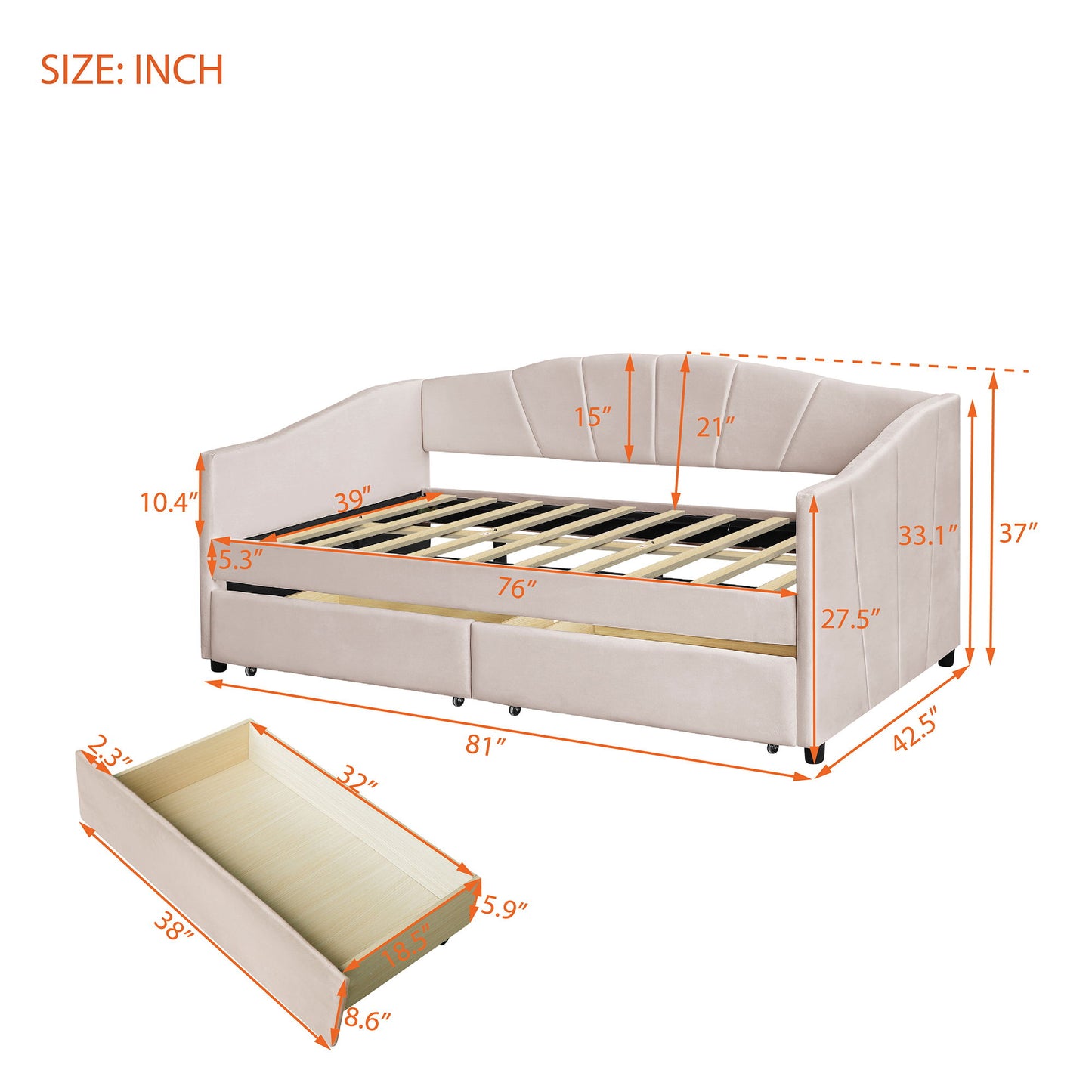 Upholstered Daybed With Two Drawers And Wood Slat - The Sleep Loft - Online Mattress Showroom NYC
