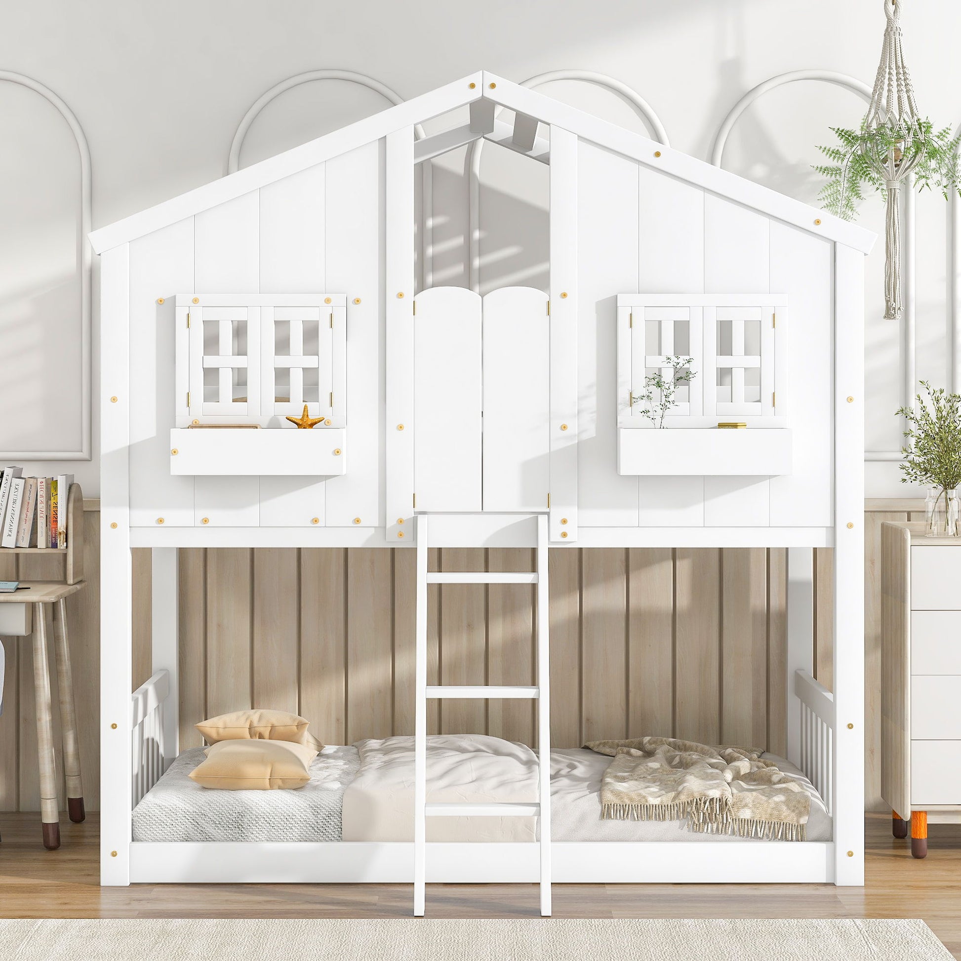 House Bunk Bed With Roof, Window, Window Box, Door, With Safety Guardrails And Ladder - The Sleep Loft - Online Mattress Showroom NYC