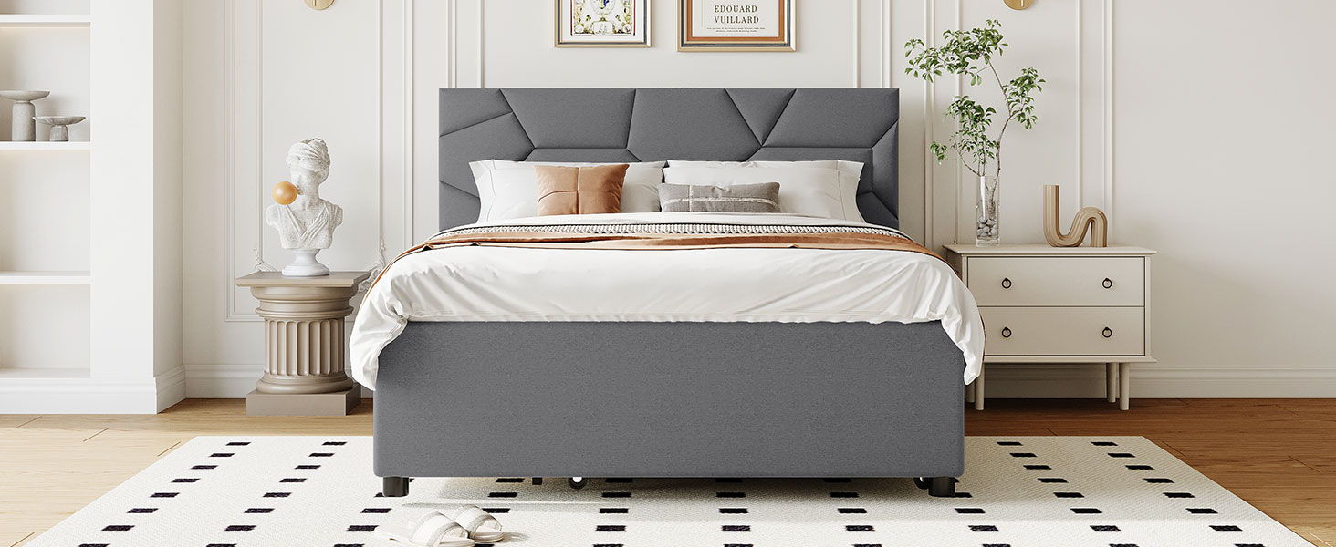 Upholstered Platform Bed With Brick Pattern Headboard And Twin Long Size Trundle - The Sleep Loft - Online Mattress Showroom NYC