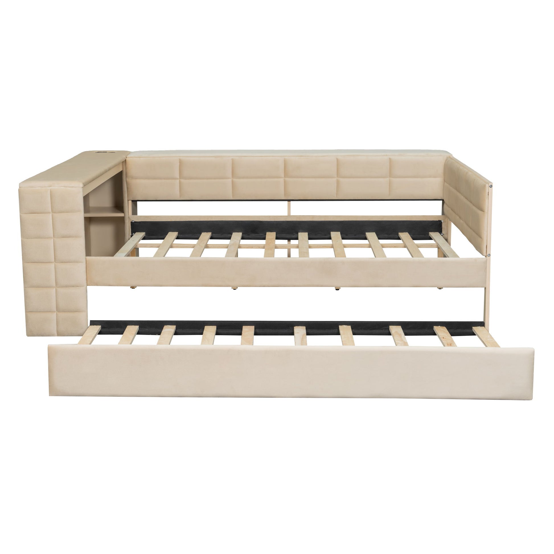 Upholstered Platform Bed With Storage Shelves, Desk, Charging Station And Trundle - The Sleep Loft - Online Mattress Showroom NYC