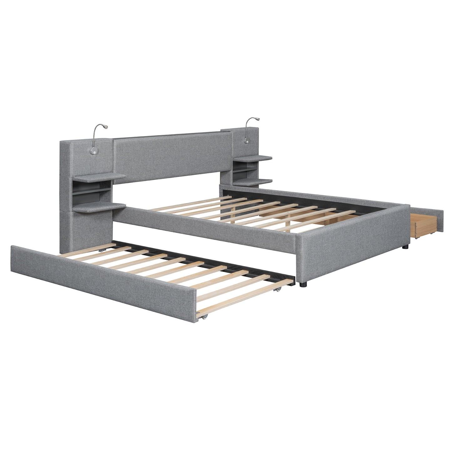 Upholstered Platform Bed With Reading Lights, Drawers, Trundle And Shelves - The Sleep Loft - Online Mattress Showroom NYC