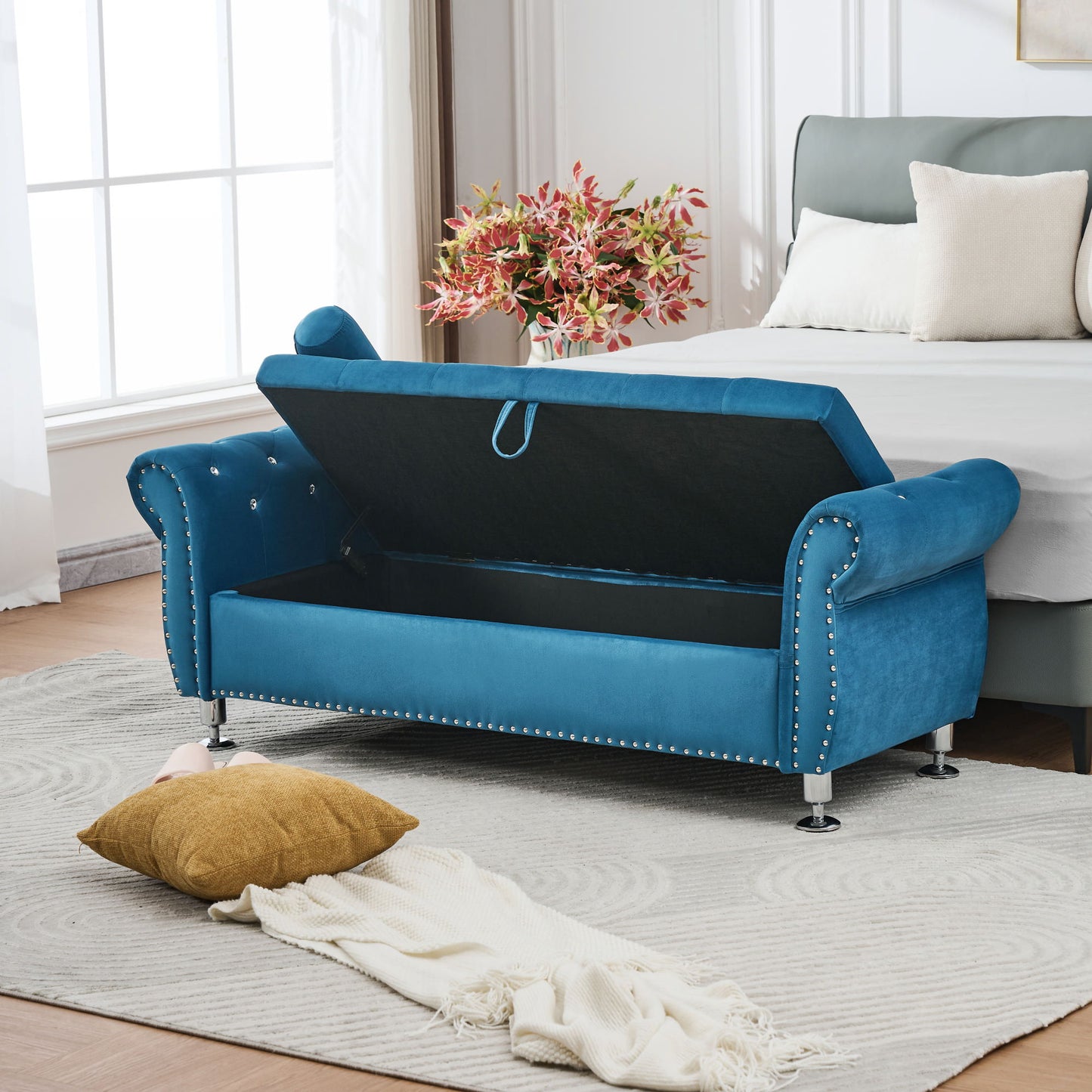 Storage Bench With Crystal Buttons And 1 Pillow For Bedroom - The Sleep Loft - Online Mattress Showroom NYC