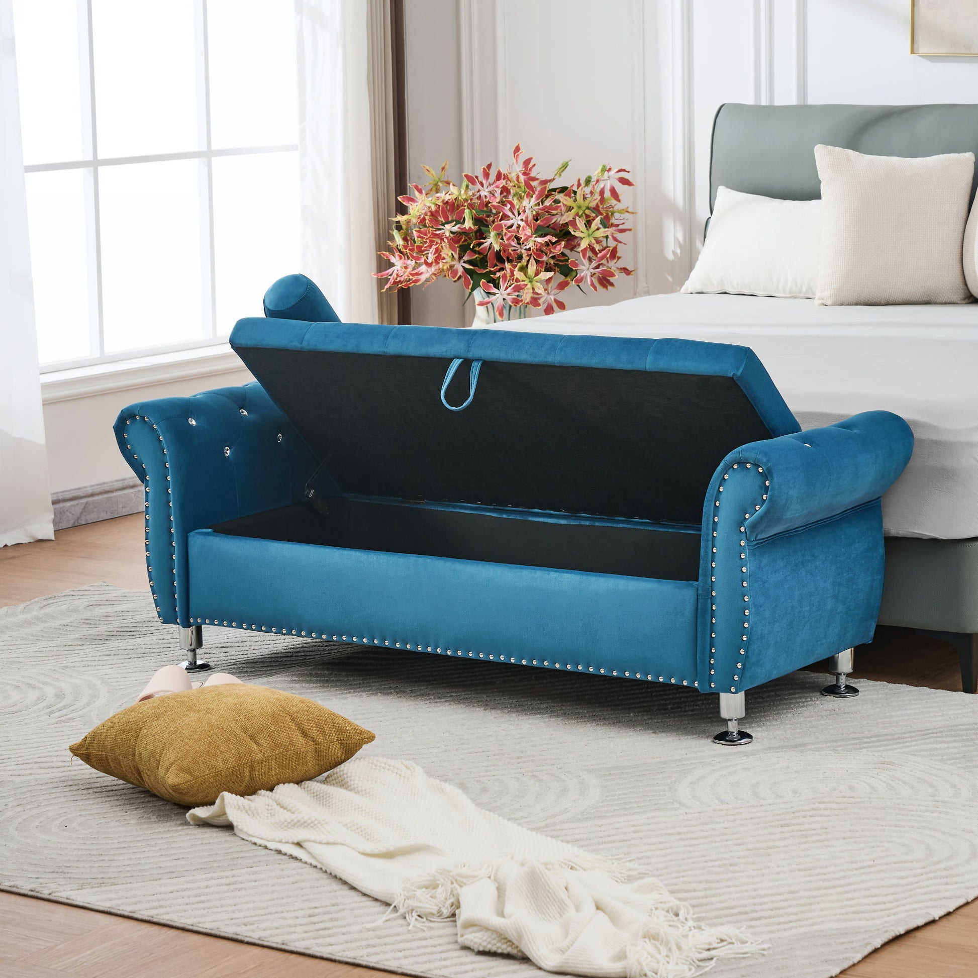Storage Bench With Crystal Buttons And 1 Pillow For Bedroom - The Sleep Loft - Online Mattress Showroom NYC