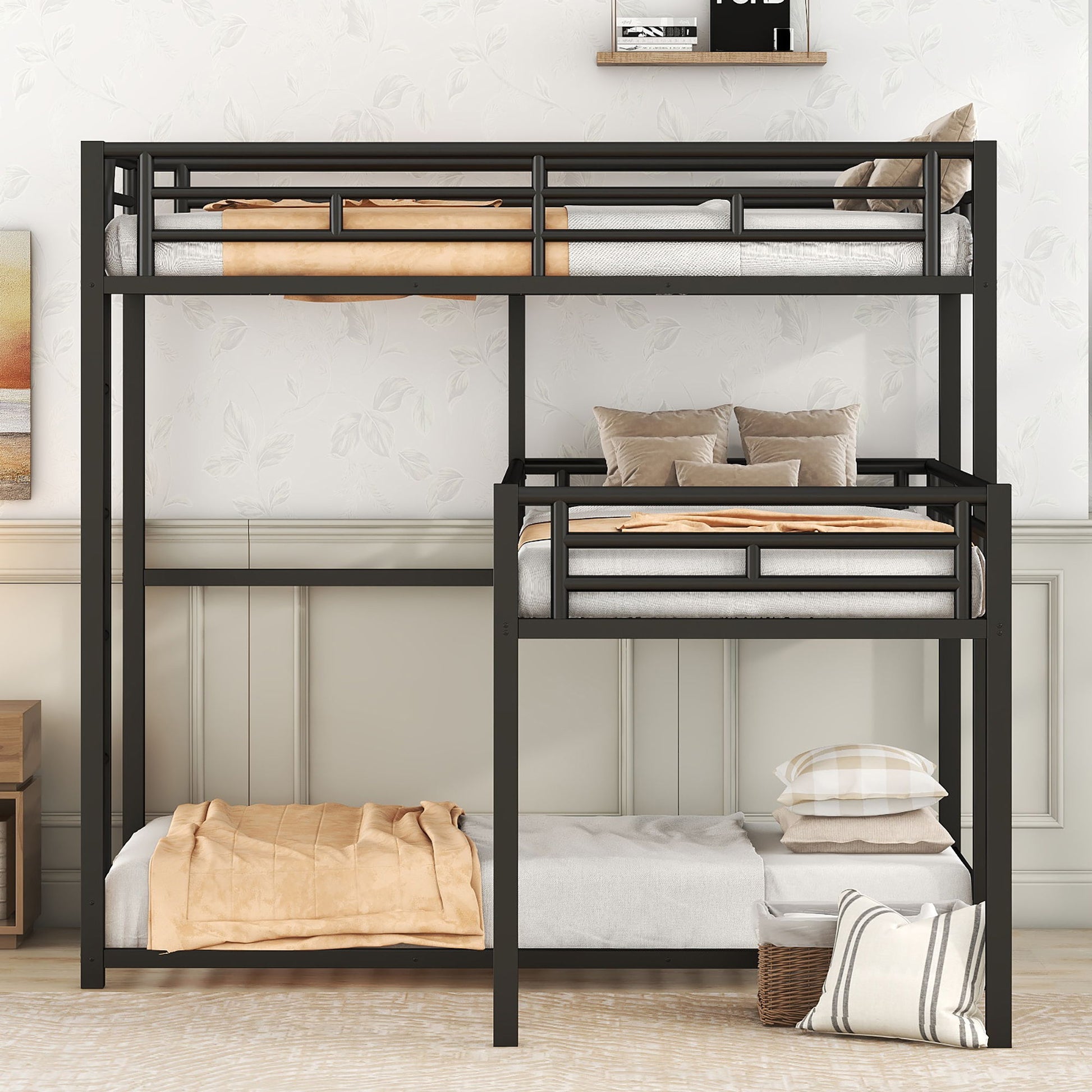 L-Shaped Triple Twin Size Bunk Bed, Industrial Design With Integrated Ladder And Full Length Guardrails - Black - The Sleep Loft - Online Mattress Showroom NYC
