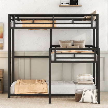 L-Shaped Triple Twin Size Bunk Bed, Industrial Design With Integrated Ladder And Full Length Guardrails - Black - The Sleep Loft - Online Mattress Showroom NYC