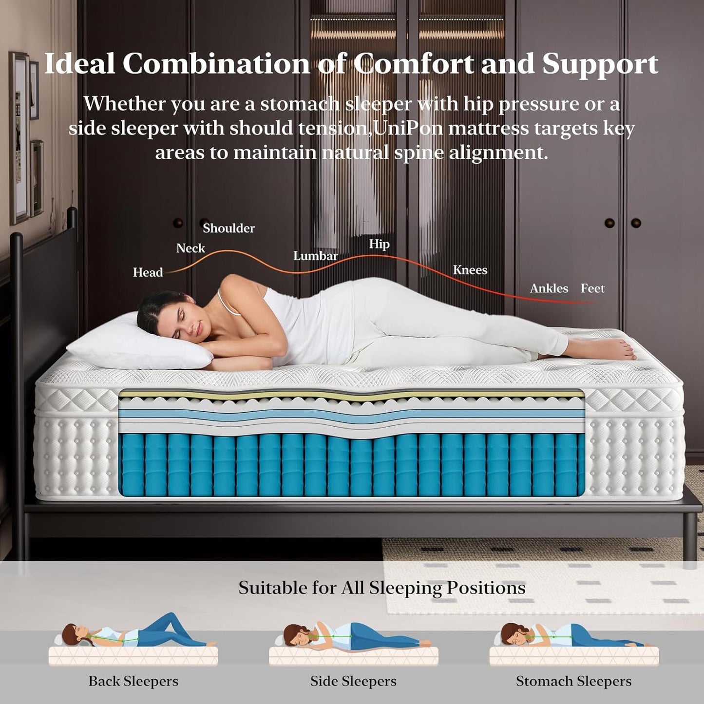 12" King Hybrid Mattress, Memory Foam & Pocket Spring Bed, Medium Firm Comfort, Spine Support, Quiet & Breathable - White