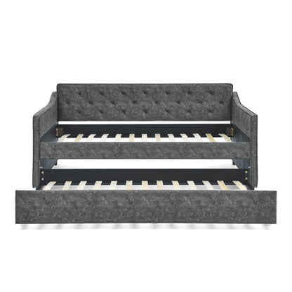 Twin Upholstered Daybed With Trundle, Waved Arms - Gray - The Sleep Loft - Online Mattress Showroom NYC