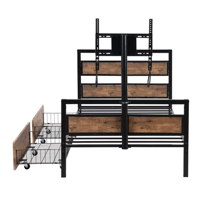 Twin Size Platform Bed With Headboard And Footboard, 2 Storage Drawers And Rotatable TV Stand - Black - The Sleep Loft - Online Mattress Showroom NYC