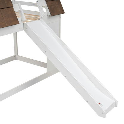 Wood Twin Size House Bunk Bed With Roof, Ladder And Slide - White / Brown - The Sleep Loft - Online Mattress Showroom NYC