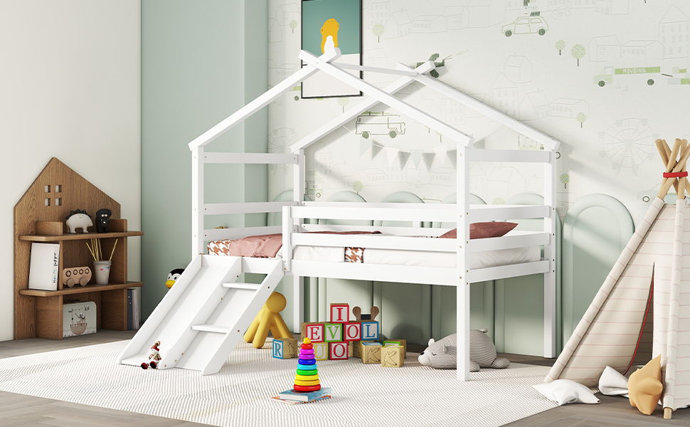 Low Loft House Bed With Slide, Ladder, Safety Guardrails, House Roof Frame - The Sleep Loft - Online Mattress Showroom NYC