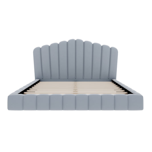 Queen Upholstered Bed Frame With Shell Shaped Headboard - Light Blue - Light Blue - The Sleep Loft - Online Mattress Showroom NYC