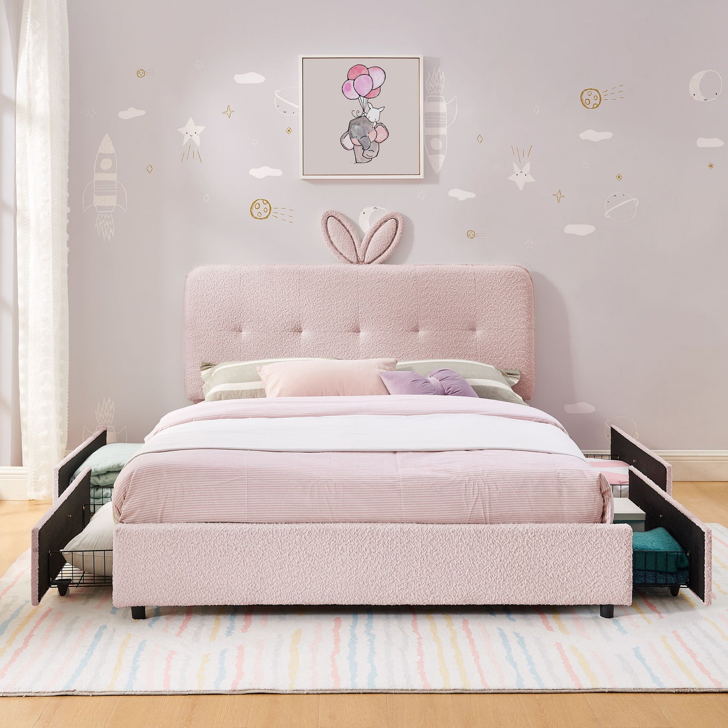 Upholstered Bed With Oversized Rabbit Ear Headboard, LED Lights & 4 Storage Drawers - The Sleep Loft - Online Mattress Showroom NYC