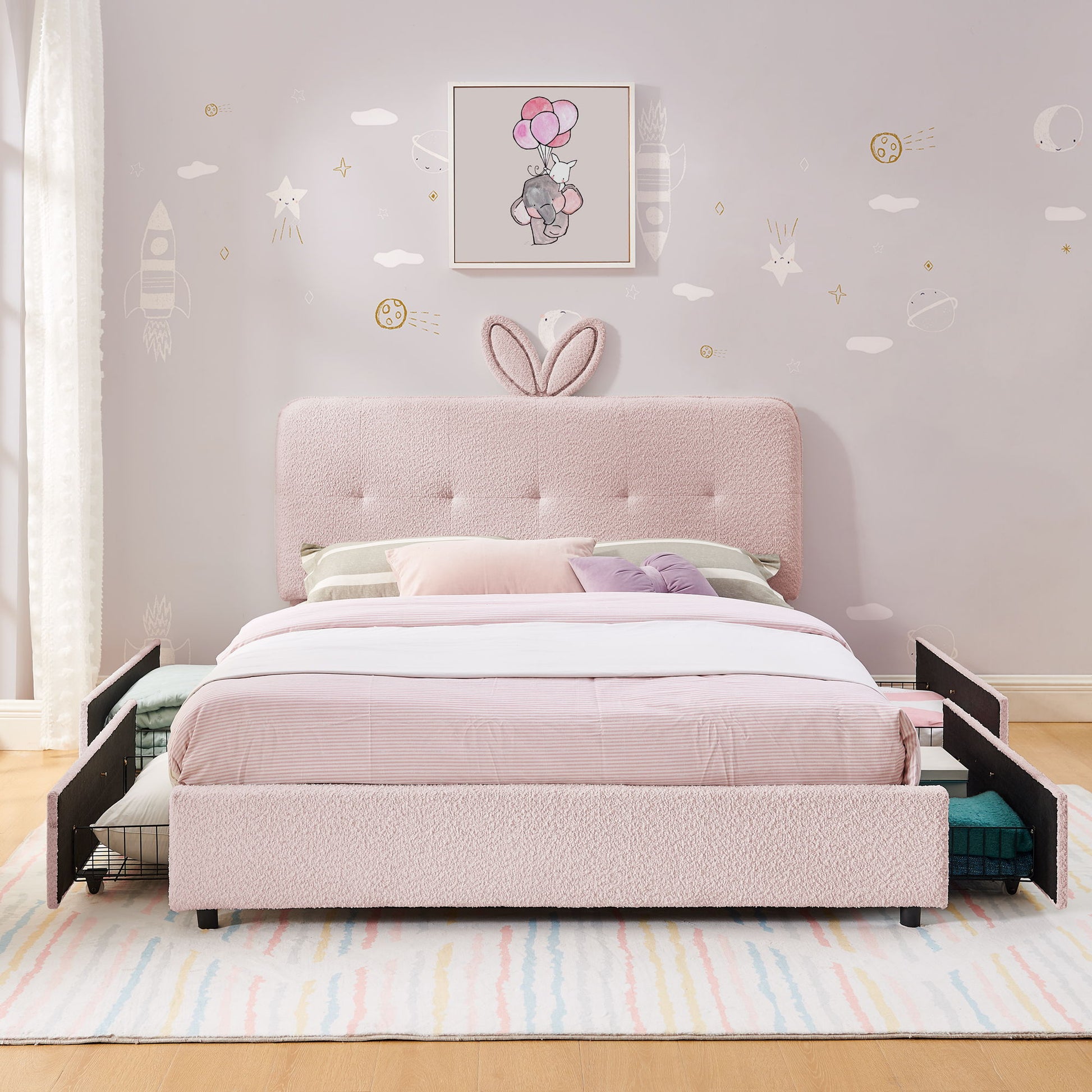Upholstered Bed With Oversized Rabbit Ear Headboard, LED Lights & 4 Storage Drawers - The Sleep Loft - Online Mattress Showroom NYC