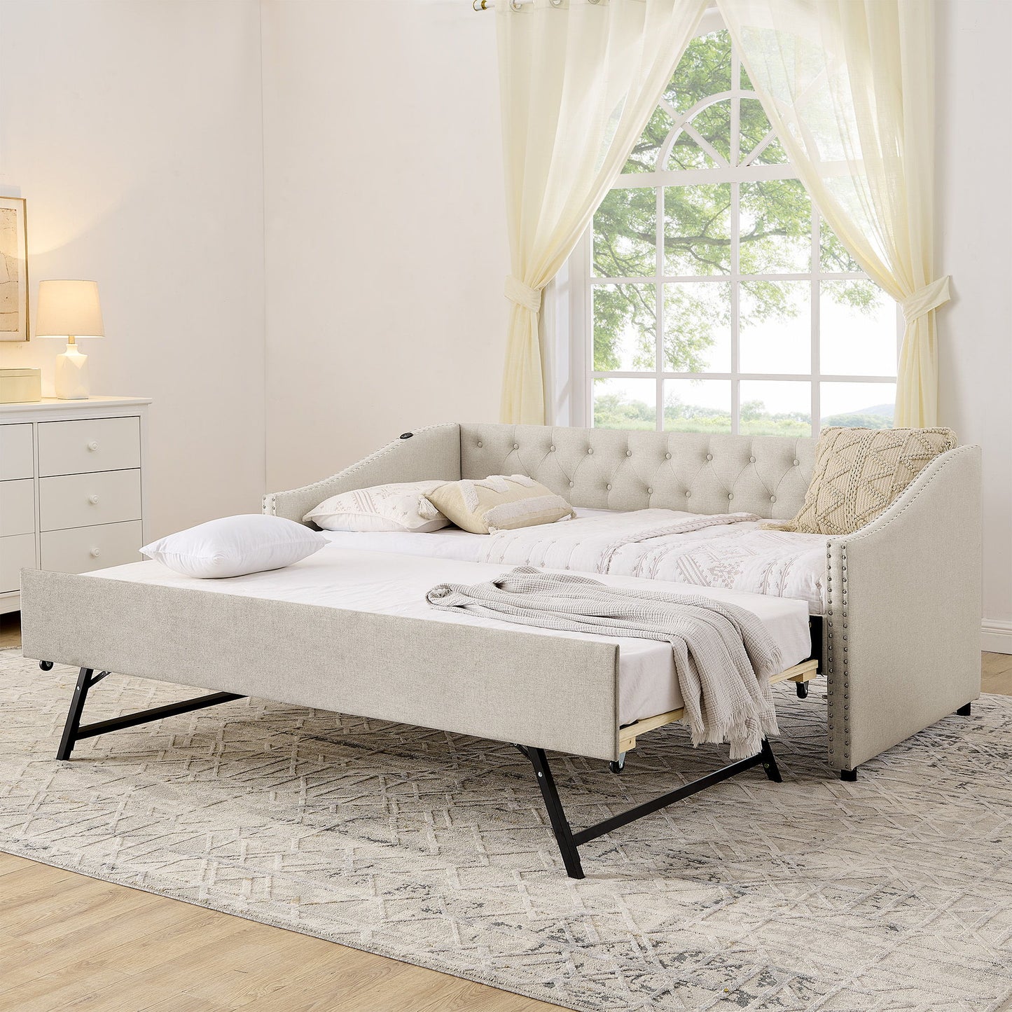 Upholstered Daybed With USB Charging & Pull Out Bed - The Sleep Loft - Online Mattress Showroom NYC