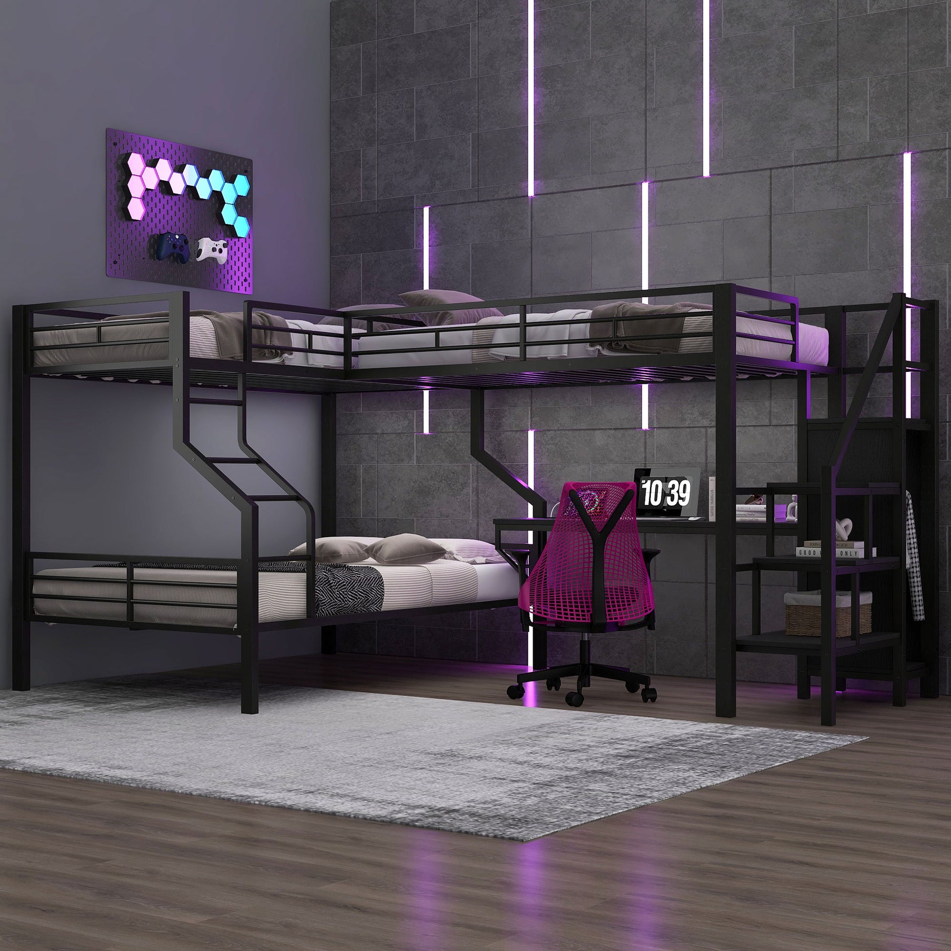 Twin Over Full L Shaped Bunk & Loft Bed With Built-In Wardrobe, Desk, And USB Ports - Black - The Sleep Loft - Online Mattress Showroom NYC