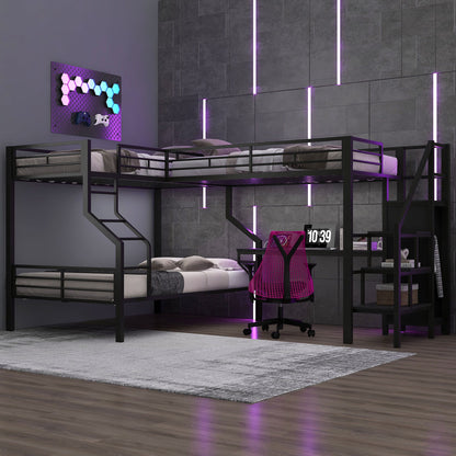 Twin Over Full L Shaped Bunk & Loft Bed With Built-In Wardrobe, Desk, And USB Ports - Black - The Sleep Loft - Online Mattress Showroom NYC