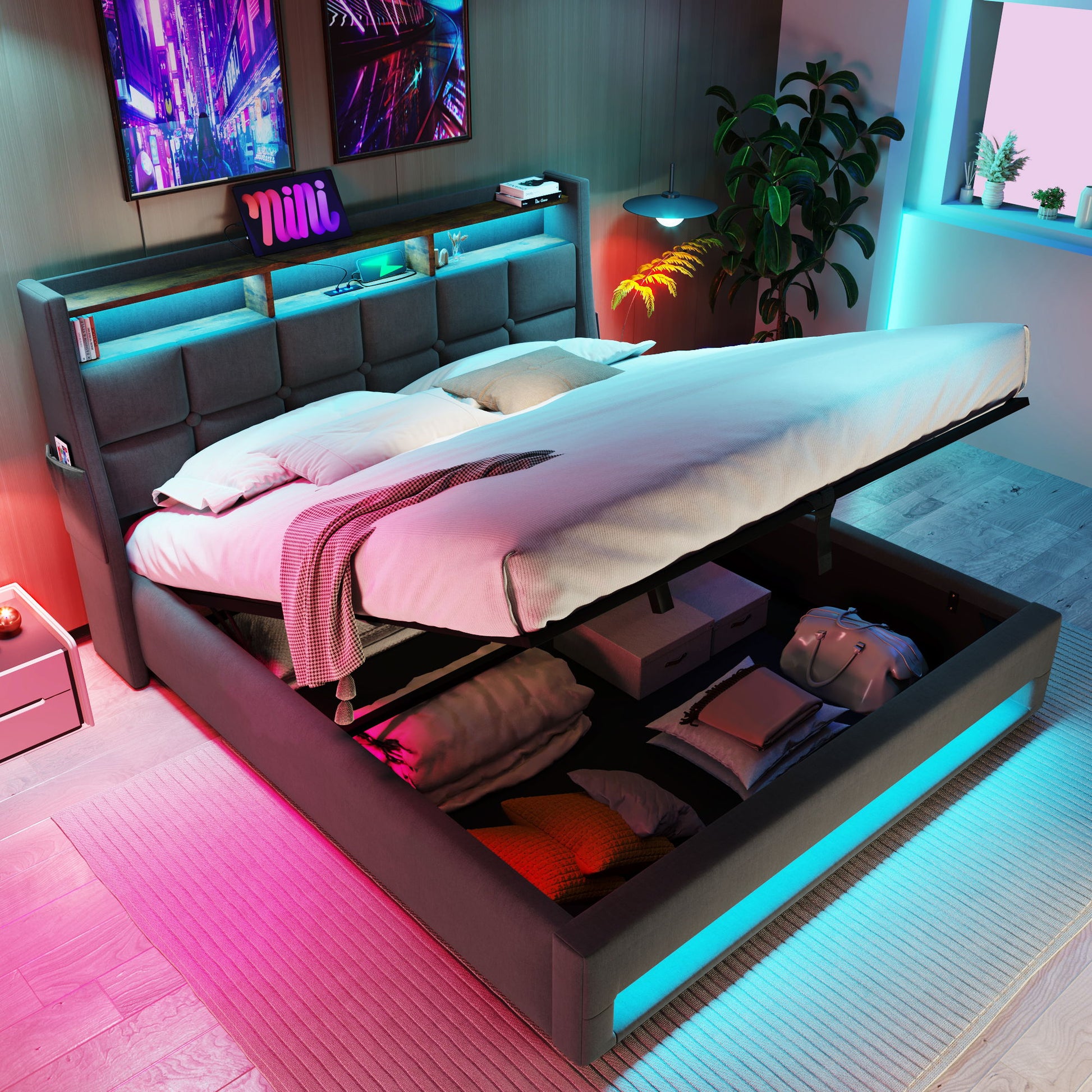 Upholstered Platform Bed With A Hydraulic Storage System, LED And USB Charging (Without Mattress) - The Sleep Loft - Online Mattress Showroom NYC