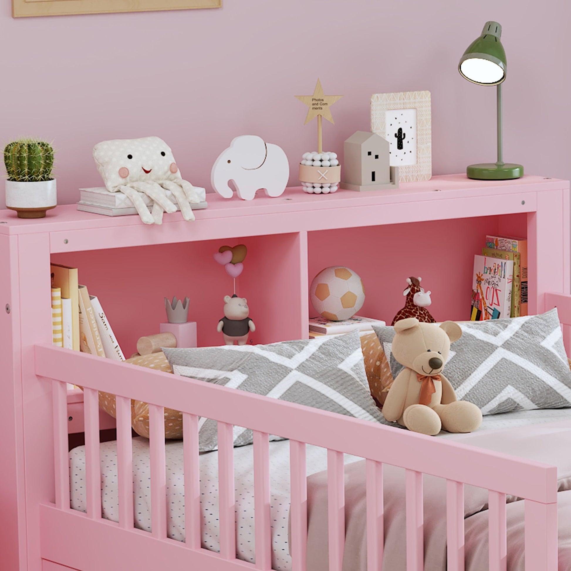 Bed With Headboard Storage Rack, 2 Under Bed Drawers, 3 Side Guardrails For Safety - The Sleep Loft - Online Mattress Showroom NYC