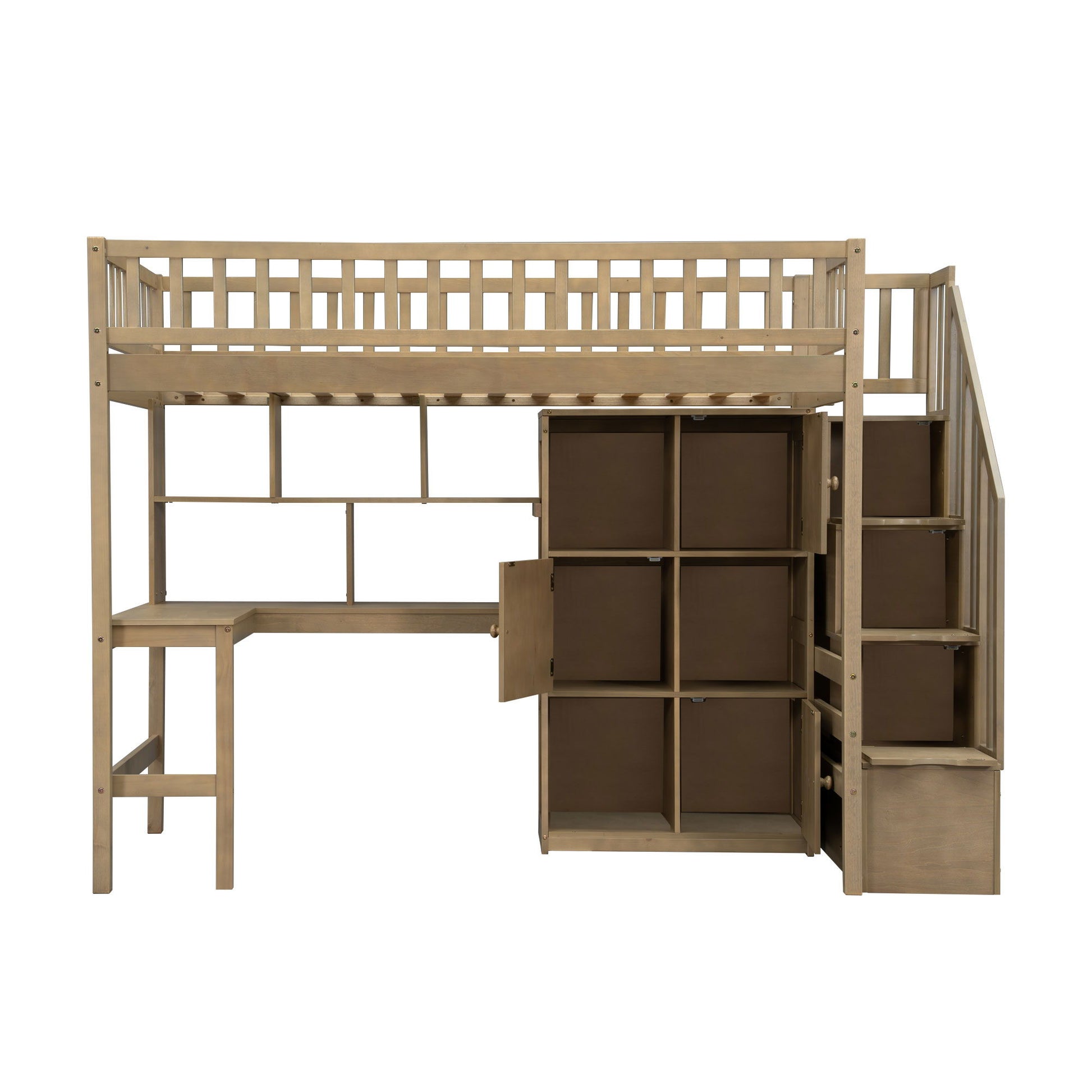 Loft Bed With Built In L Shaped Desk, LED Lights, Storage Shelves, Cabinets, And Staircase - The Sleep Loft - Online Mattress Showroom NYC