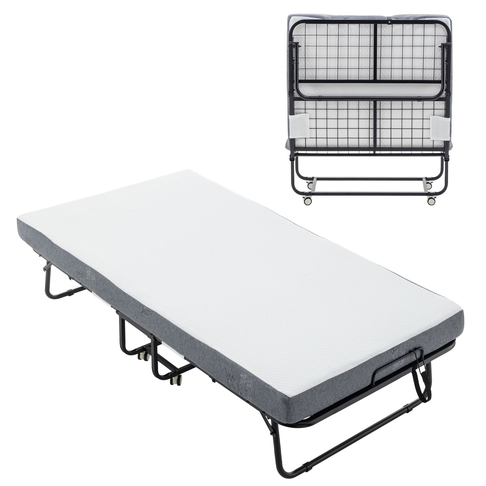 Foldable Metal Frame Bed For Guest With Memory Foam Mattress On Wheels, Saving Space Rollaway Bed - The Sleep Loft - Online Mattress Showroom NYC