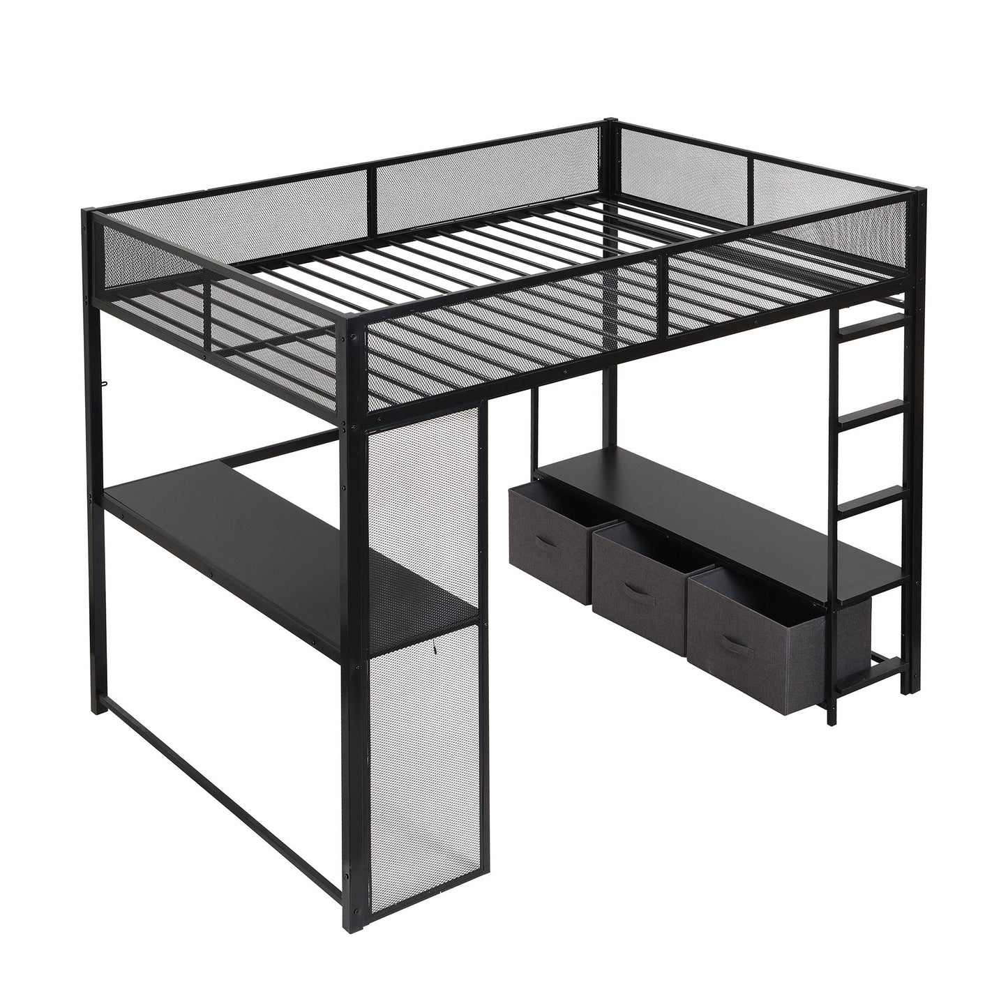Full Size Gaming Loft Bed With LED Desk, Open Wardrobe, 3 Linen Storage Drawers - Black - The Sleep Loft - Online Mattress Showroom NYC