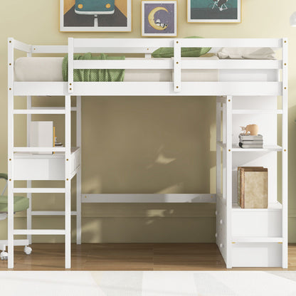 Full Size Loft Bed With Built In Desk, 2 Drawers, Storage Shelves - White - The Sleep Loft - Online Mattress Showroom NYC