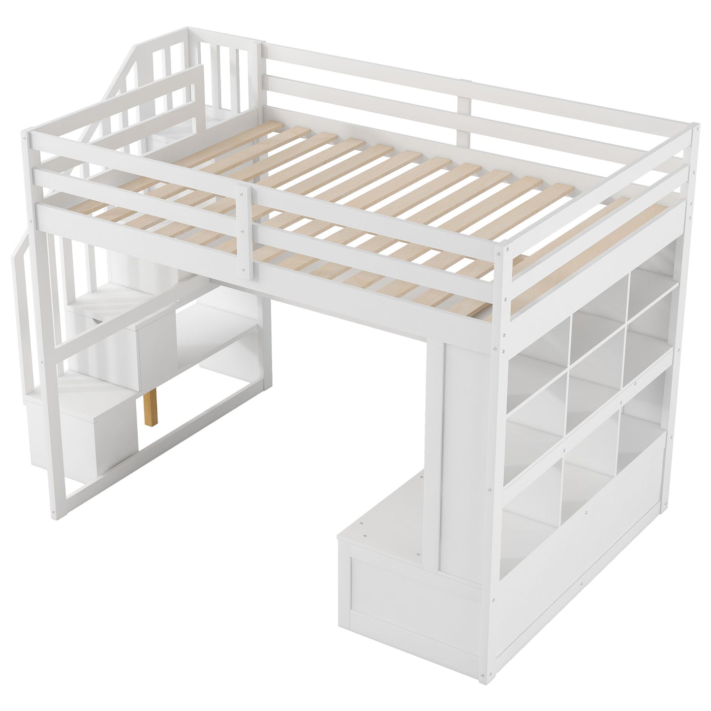 Full Size Loft Bed With Desk And Shelves, 2 Built In Drawers, Storage Staircase - White - The Sleep Loft - Online Mattress Showroom NYC