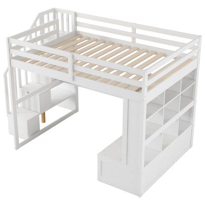 Full Size Loft Bed With Desk And Shelves, 2 Built In Drawers, Storage Staircase - White - The Sleep Loft - Online Mattress Showroom NYC