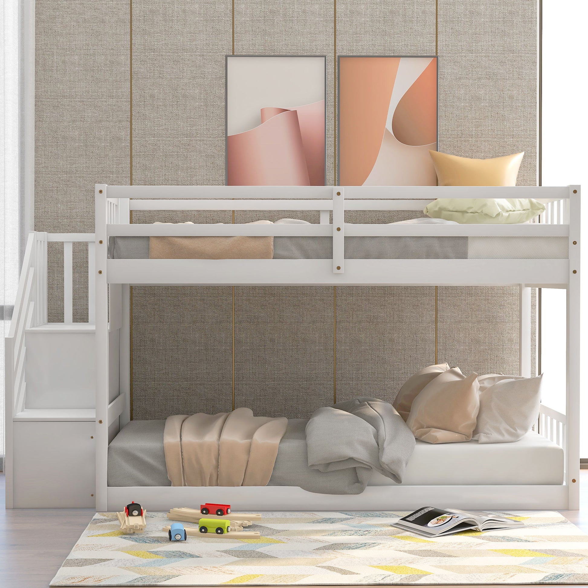 Twin Over Twin Floor Bunk Bed, Ladder With Storage - The Sleep Loft - Online Mattress Showroom NYC