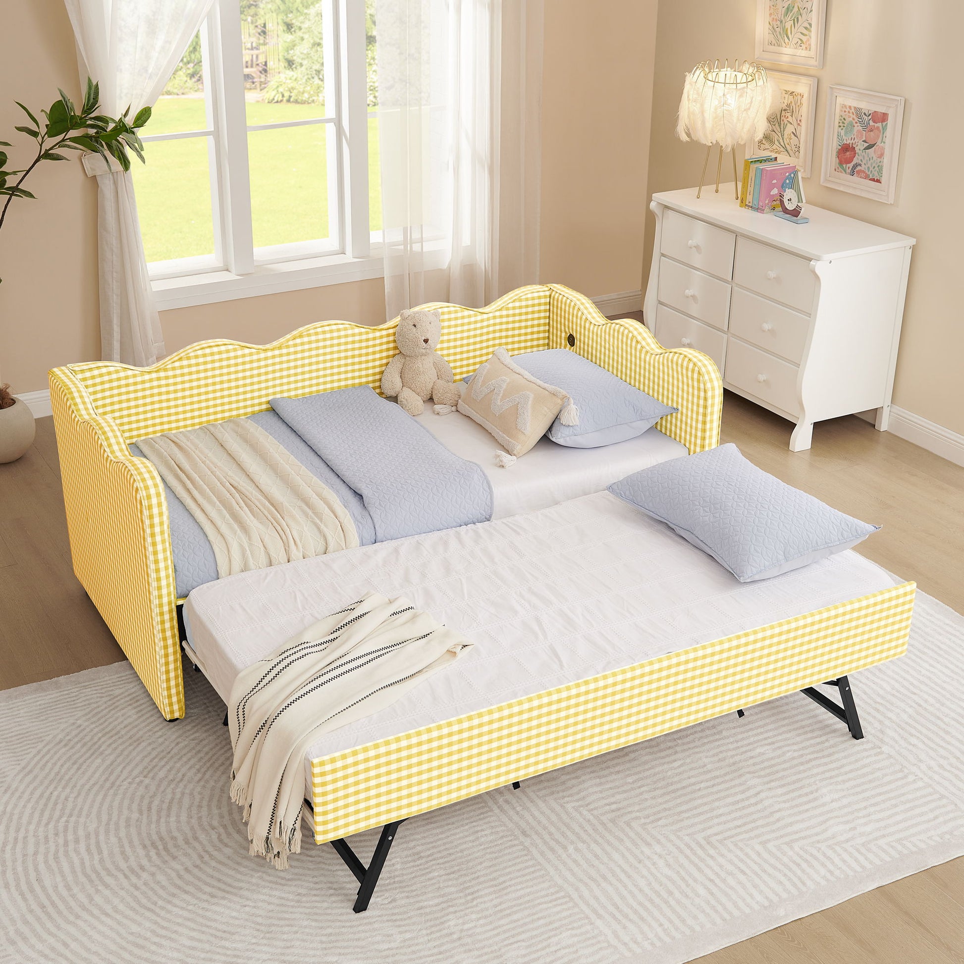 Gingham Daybed With USB Charging Port, Wave-Shaped Design - The Sleep Loft - Online Mattress Showroom NYC