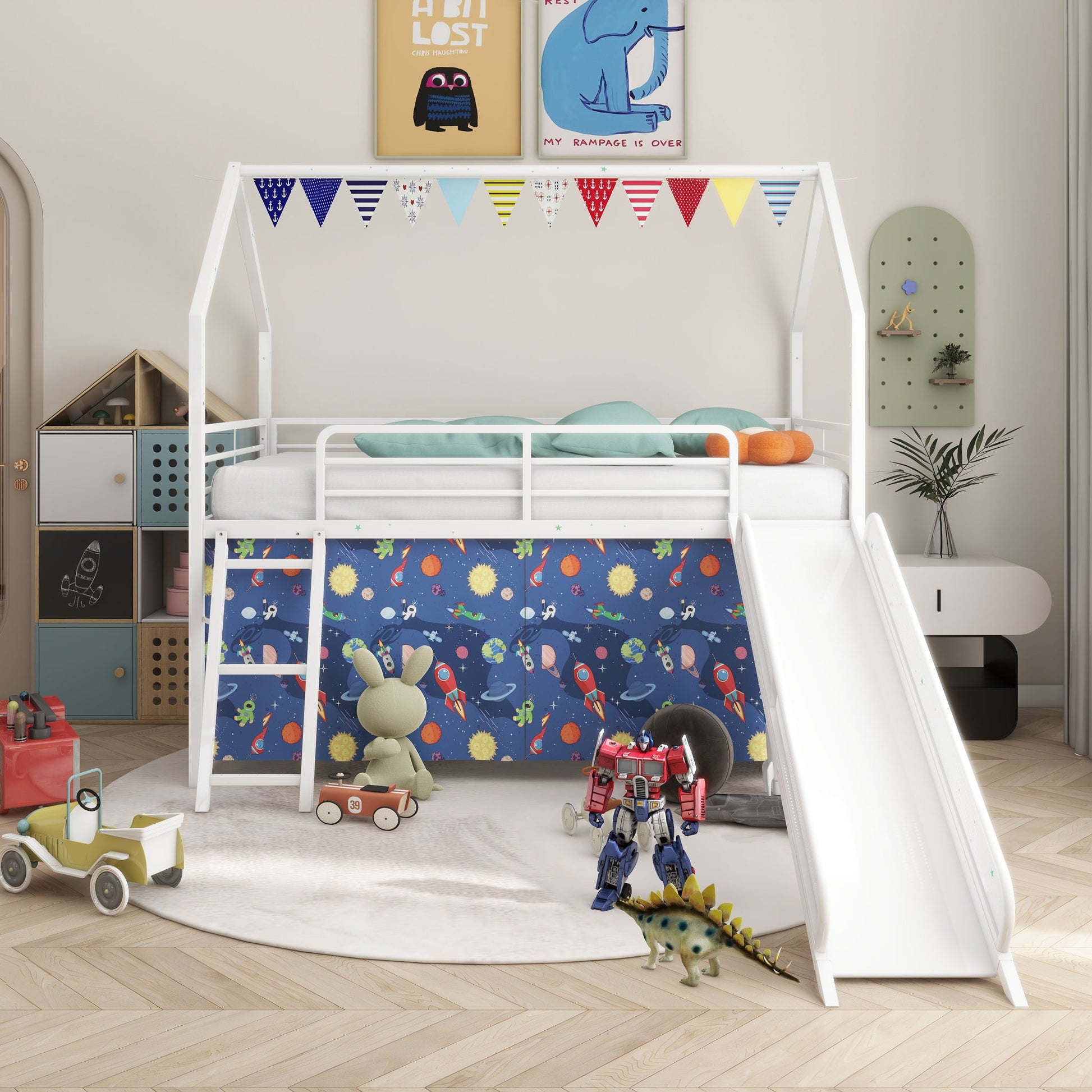 Jack - House Loft Bed With Slide And Curtain Set - The Sleep Loft - Online Mattress Showroom NYC