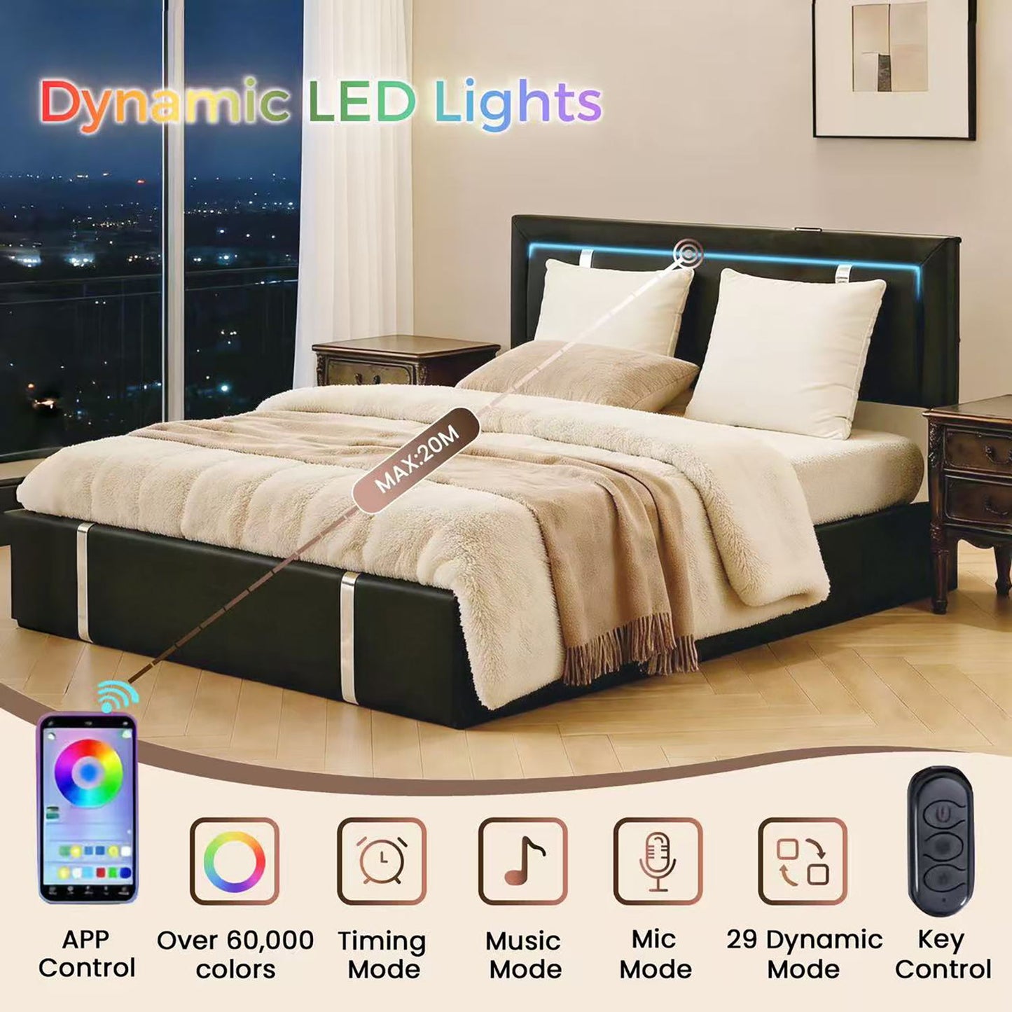 Upholstered Platform Bed Frame With Adjustable LED Headboard, USB C-Charging, Hydraulic Lift - The Sleep Loft - Online Mattress Showroom NYC