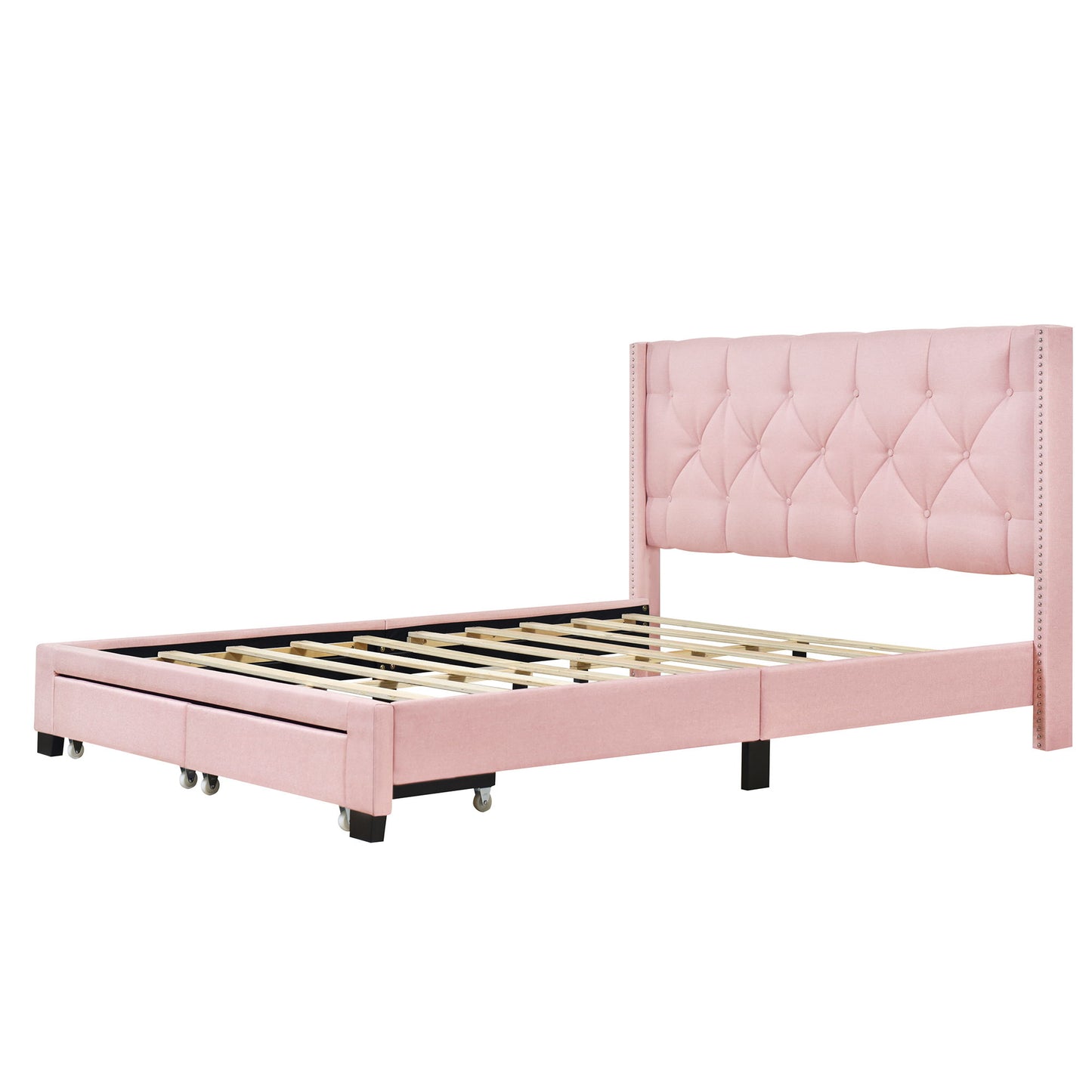 Queen Size Storage Bed Linen Upholstered Platform Bed & Two Drawers - Pink - The Sleep Loft - Online Mattress Showroom NYC