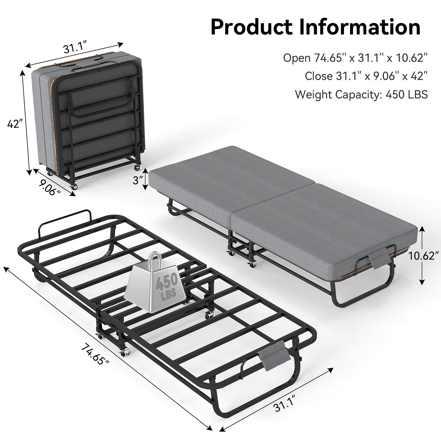 Portable Folding Bed With Memory Foam Mattress, Lockable - Gray - The Sleep Loft - Online Mattress Showroom NYC