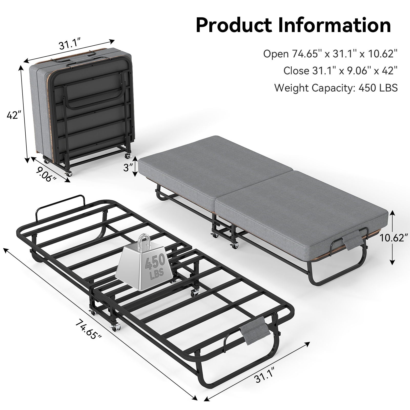 Portable Folding Bed With Memory Foam Mattress, Lockable - Gray - The Sleep Loft - Online Mattress Showroom NYC