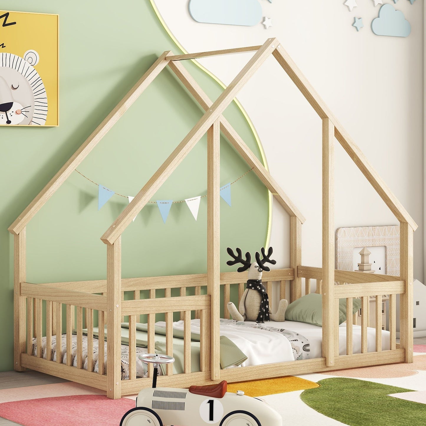 Wood House-Shaped Floor Bed With Fence, Guardrails - The Sleep Loft - Online Mattress Showroom NYC