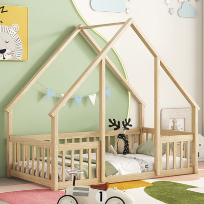 Wood House-Shaped Floor Bed With Fence, Guardrails - The Sleep Loft - Online Mattress Showroom NYC