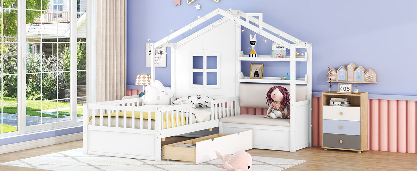 House Bed With Sofa, Kids Platform Bed With 2 Drawers And Storage Shelf - The Sleep Loft - Online Mattress Showroom NYC