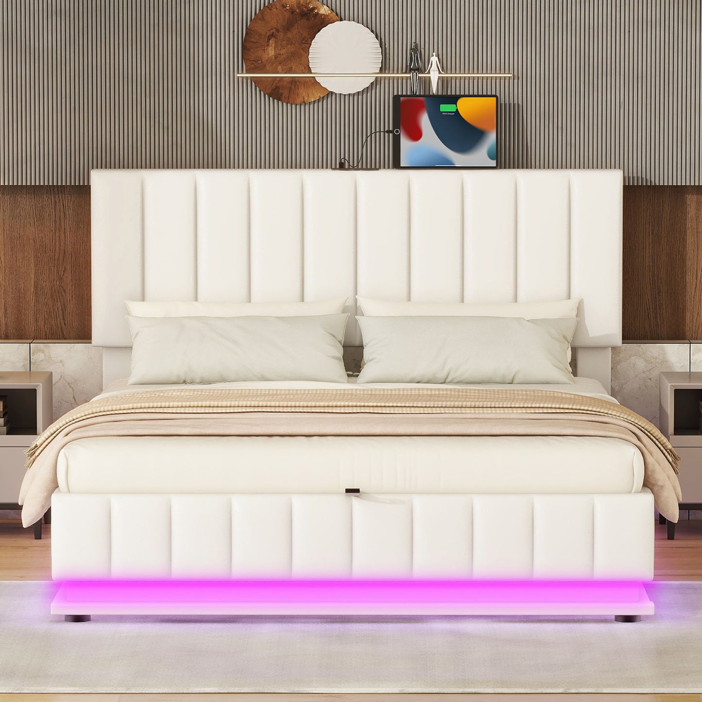 Upholstered Bed With Hydraulic Storage System And LED Light, With Sockets And USB Ports - The Sleep Loft - Online Mattress Showroom NYC