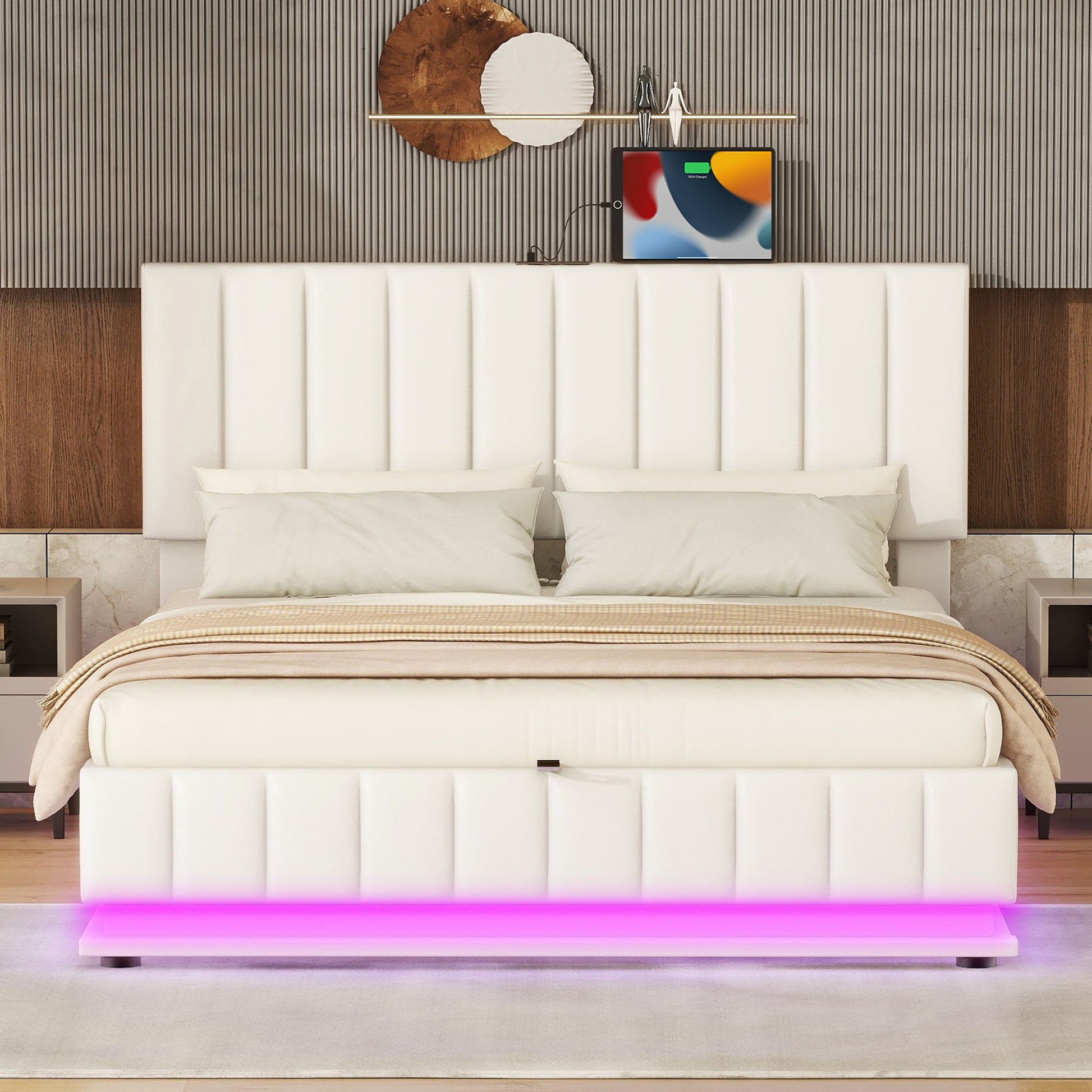 Upholstered Bed With Hydraulic Storage System And LED Light, With Sockets And USB Ports - The Sleep Loft - Online Mattress Showroom NYC