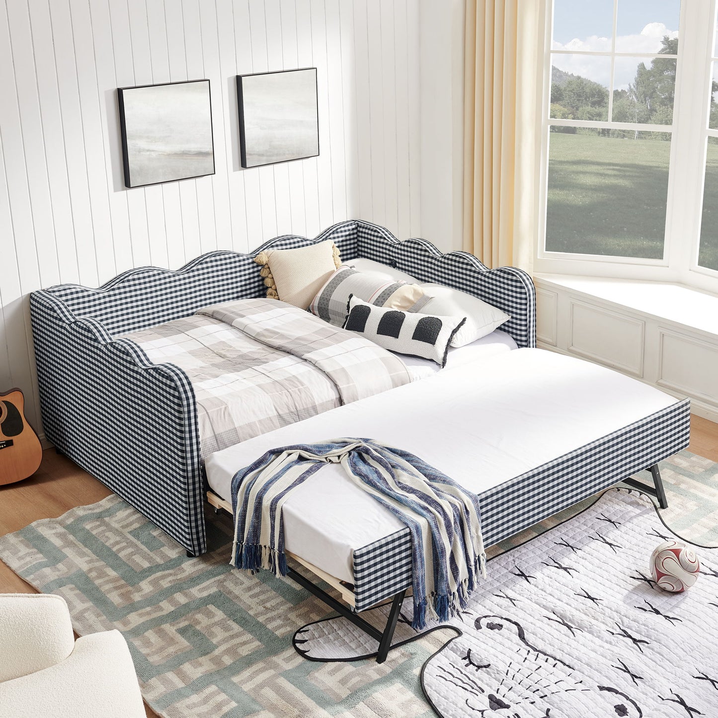 Gingham Daybed With USB Charging Port, Wave-Shaped Design - The Sleep Loft - Online Mattress Showroom NYC
