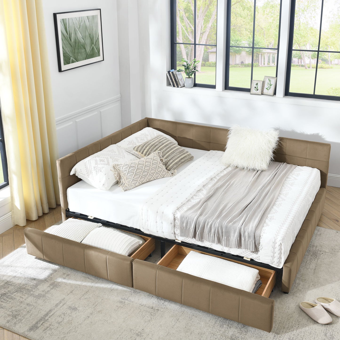 Mid-Century Storage Upholstered Tufted Bed Frame With Backrest And Armrests - The Sleep Loft - Online Mattress Showroom NYC