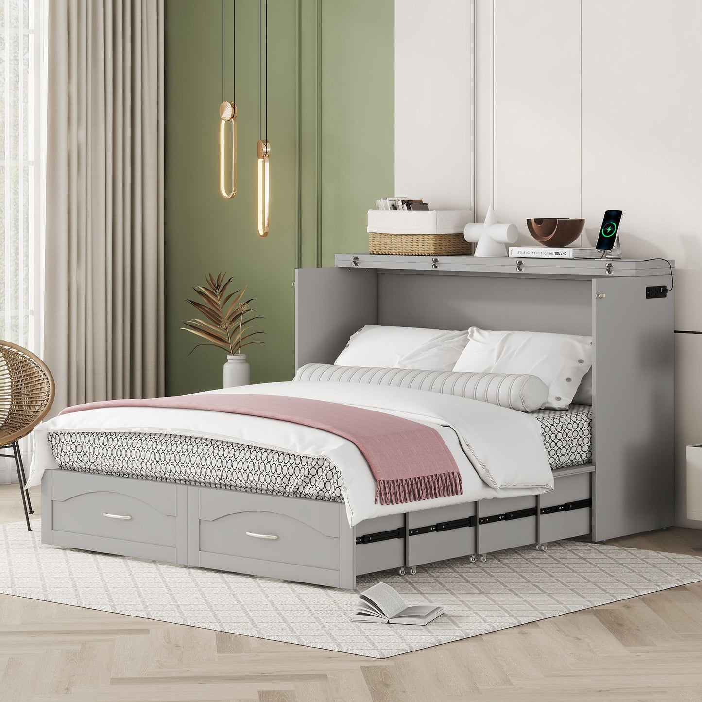 Murphy Wall Bed With Drawer And A Set Of Sockets & USB Ports, Pulley Structure Design - The Sleep Loft - Online Mattress Showroom NYC