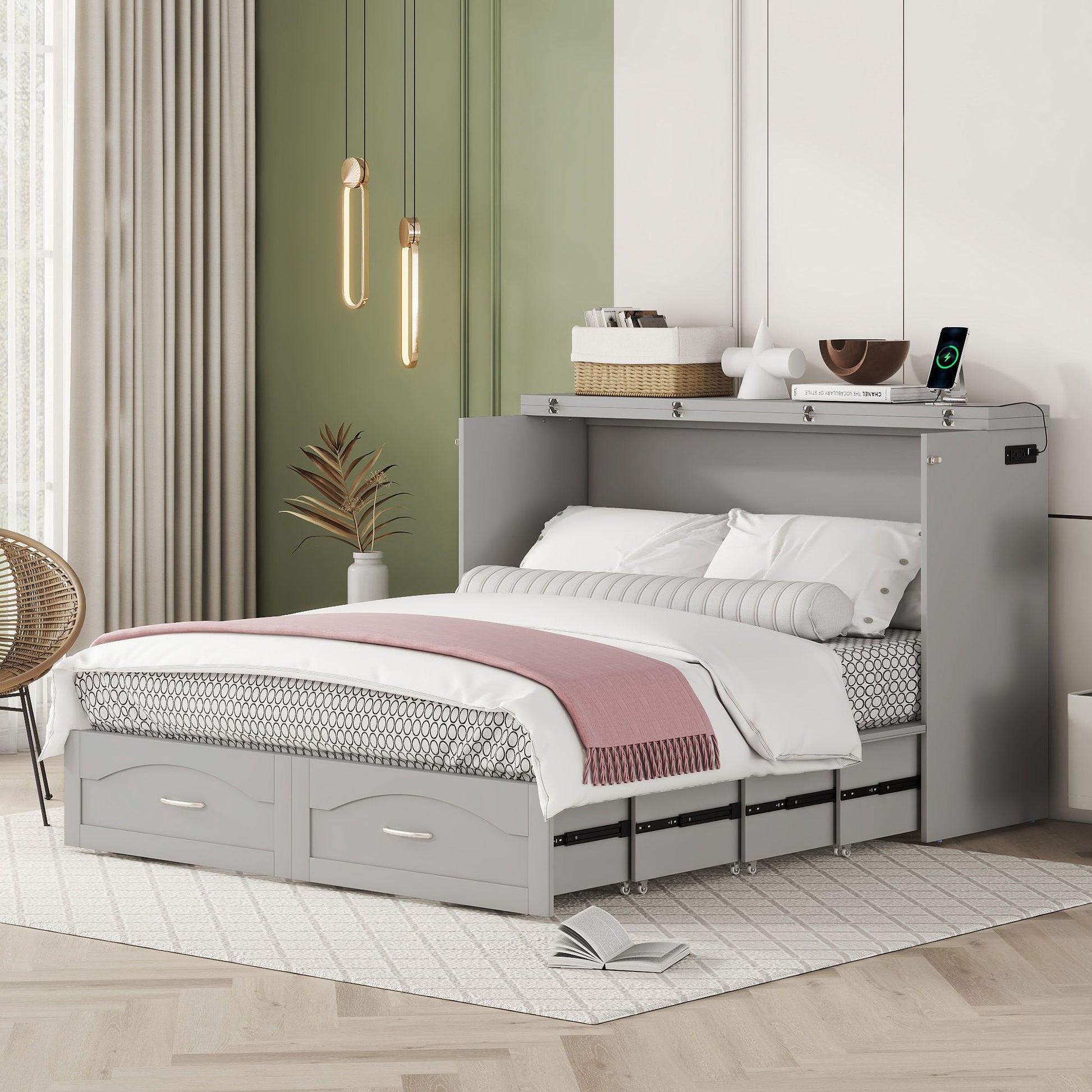 Murphy Wall Bed With Drawer And A Set Of Sockets & USB Ports, Pulley Structure Design - The Sleep Loft - Online Mattress Showroom NYC