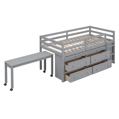 Loft Bed With Retractable Writing Desk And 4 Drawers, With Lateral Portable Desk And Shelves - The Sleep Loft - Online Mattress Showroom NYC