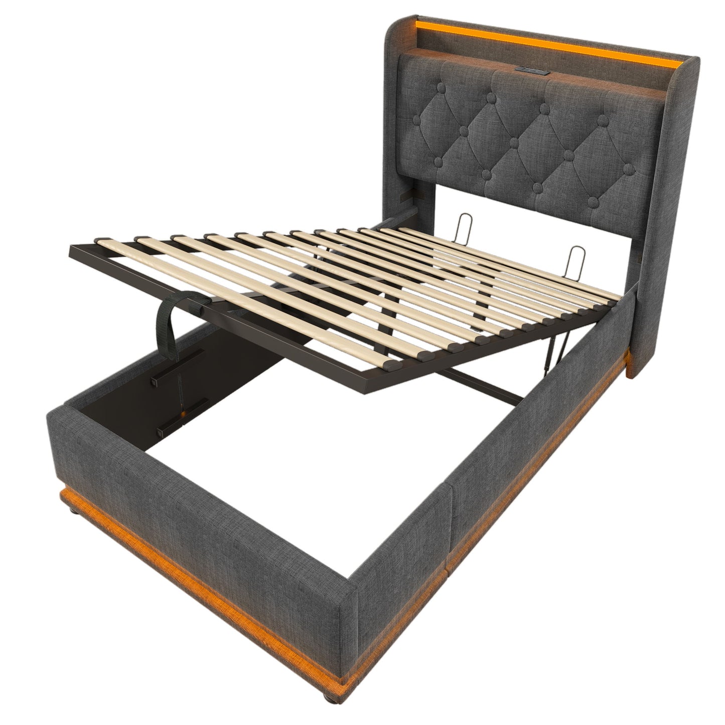 Upholstered Bed, 360 Surround LED Function, Remote Control, Hydraulic Storage Bed With USB, Type-C Charging (Without Mattress) - The Sleep Loft - Online Mattress Showroom NYC