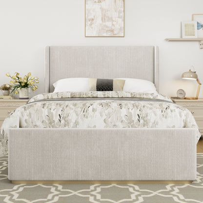 King Size Luxurious Corduroy Upholstered Bed Frame With Vertical Stripe Wingback Headboard And High Footboard - Light Gray - The Sleep Loft - Online Mattress Showroom NYC
