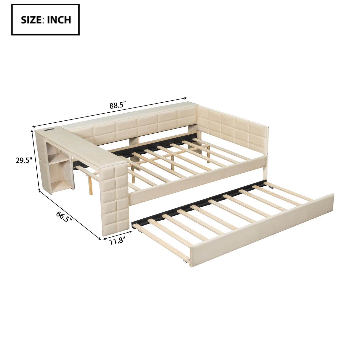 Upholstered Platform Bed With Storage Shelves, Desk, Charging Station And Trundle - The Sleep Loft - Online Mattress Showroom NYC
