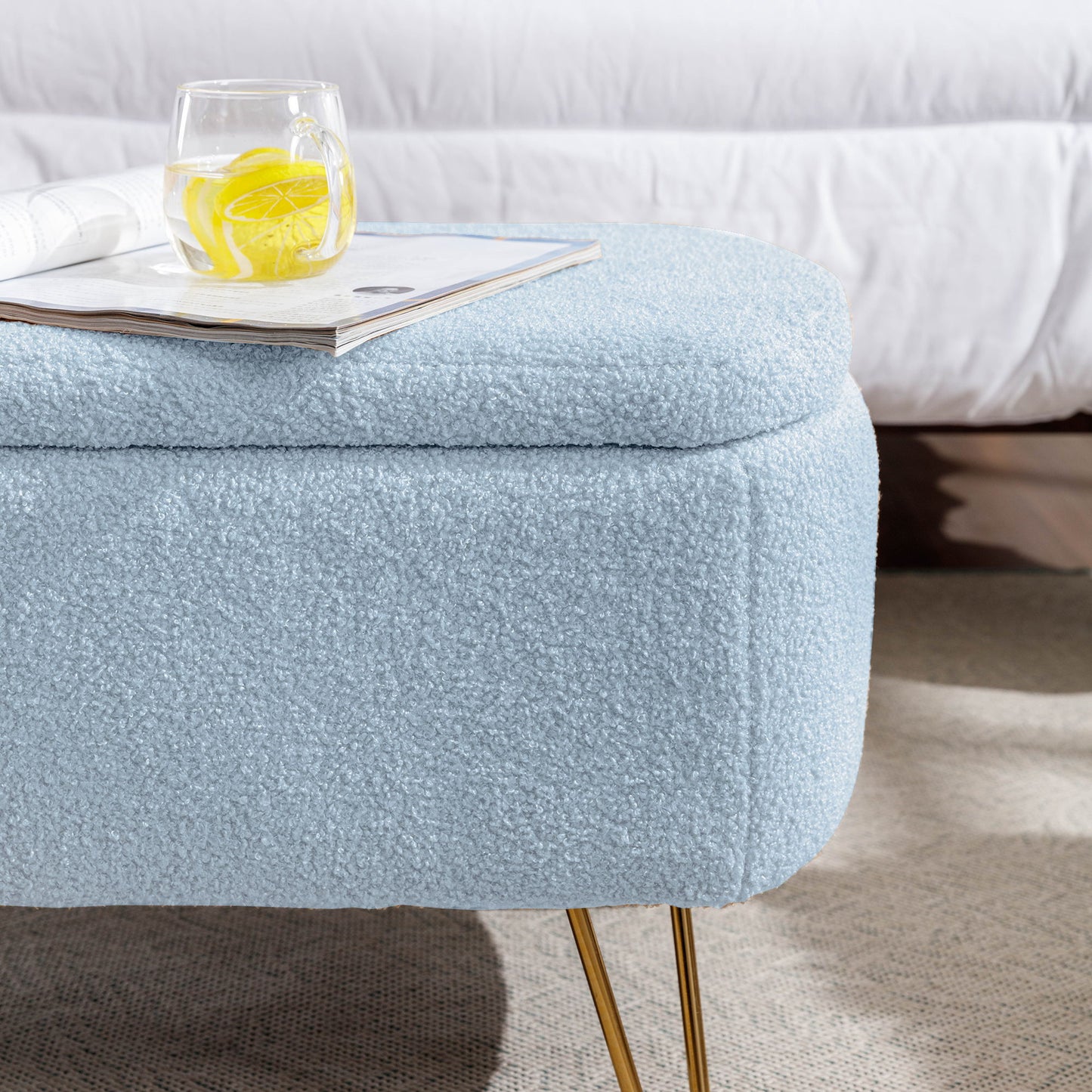 Storage Ottoman Bench For End Of Bed Legs, Modern Camel Faux Fur Entryway Bench Upholstered Padded With Storage For Living Room Bedroom - The Sleep Loft - Online Mattress Showroom NYC