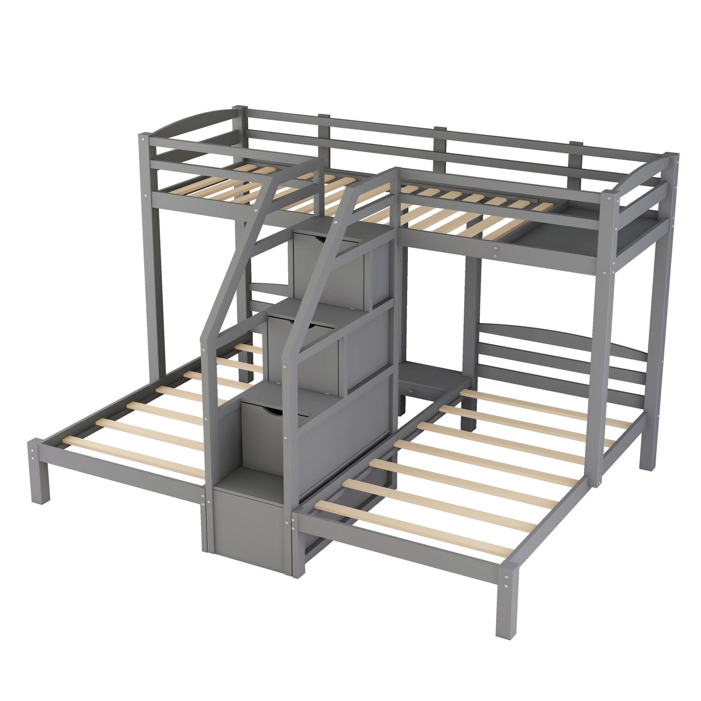 Twin Over Twin & Twin Bunk Bed With Built In Staircase And Storage Drawer - Gray - The Sleep Loft - Online Mattress Showroom NYC